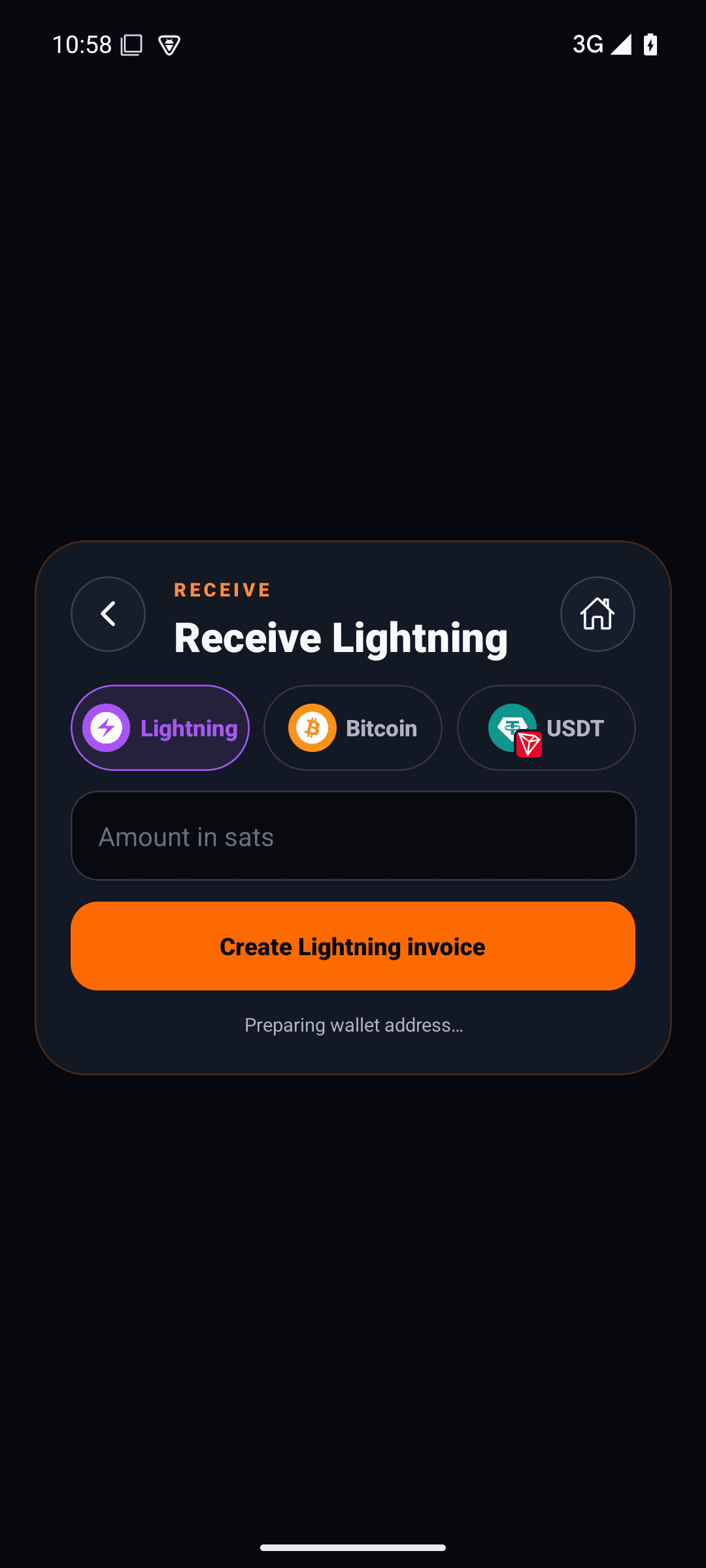 BUMP Receive screen with Lightning, Bitcoin and USDT options