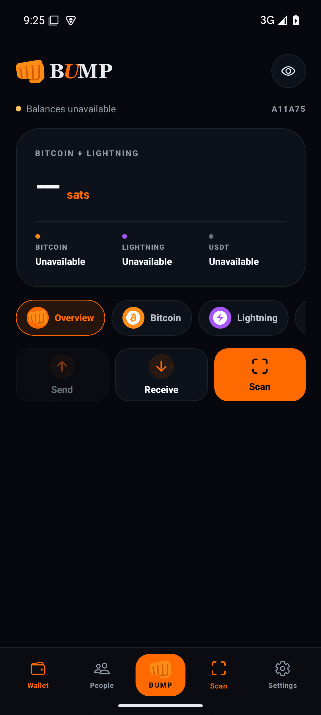 BUMP mobile wallet overview showing Bitcoin, Lightning and USDT